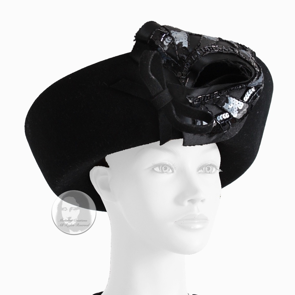 Mr. John Hat Breton Black Wool Felt Embellished Sequins Bow Formal Vintage 60s